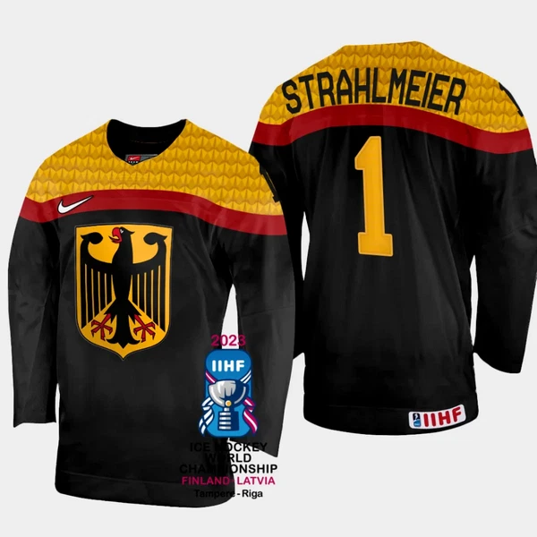 Deutschland Dustin Strahlmeier 1 IIHF World Championship 2023 Trikot - Herren (Schwarz) Deutschland Dustin Strahlmeier 1 IIHF World Championship 2023 Trikot - Herren (Schwarz)