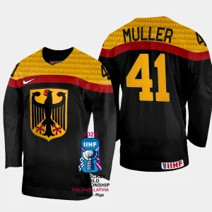 Deutschland Jonas Muller 41 IIHF World Championship 2023 Trikot - Herren (Schwarz)