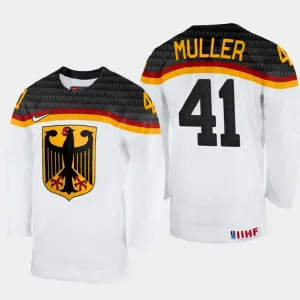 Deutschland Jonas Muller 41 IIHF World Championship 2023 Trikot - Herren (Weiss)
