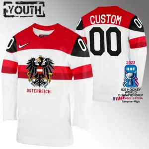 Österreich Personalisiert IIHF World Championship 2023 Trikot - Kinder (Weiss) Österreich Personalisiert IIHF World Championship 2023 Trikot - Kinder (Weiss)