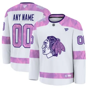 Fanatics Chicago Blackhawks Hockey Fights Cancer Personalisiert 24/25 Practice Trikot - Herren (Weiss)