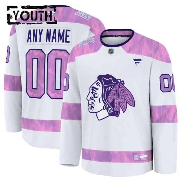 Fanatics Chicago Blackhawks Hockey Fights Cancer Personalisiert 24/25 Practice Trikot - Kinder (Weiss) Fanatics Chicago Blackhawks Hockey Fights Cancer Personalisiert 24/25 Practice Trikot - Kinder (Weiss)