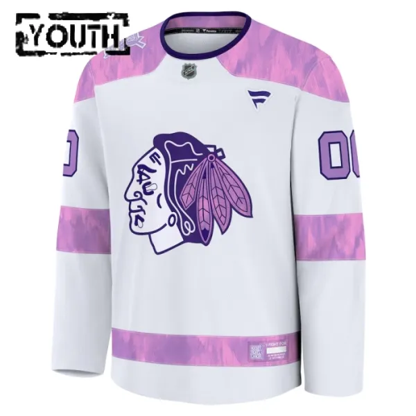 Fanatics Chicago Blackhawks Hockey Fights Cancer Personalisiert 24/25 Practice Trikot - Kinder (Weiss)