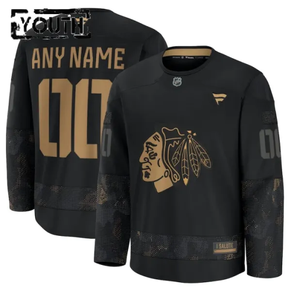 Fanatics Chicago Blackhawks Personalisiert 24/25 Military Appreciation Practice Trikot - Kinder (Schwarz) Fanatics Chicago Blackhawks Personalisiert 24/25 Military Appreciation Practice Trikot - Kinder (Schwarz)