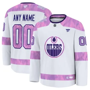 Fanatics Edmonton Oilers Hockey Fights Cancer Personalisiert 24/25 Practice Trikot - Herren (Weiss)