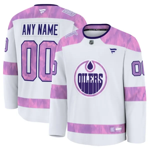 Fanatics Edmonton Oilers Hockey Fights Cancer Personalisiert 24/25 Practice Trikot - Herren (Weiss) Fanatics Edmonton Oilers Hockey Fights Cancer Personalisiert 24/25 Practice Trikot - Herren (Weiss)