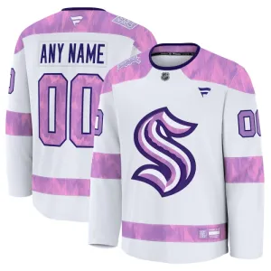 Fanatics Seattle Kraken Hockey Fights Cancer Personalisiert 24/25 Practice Trikot - Herren (Weiss)